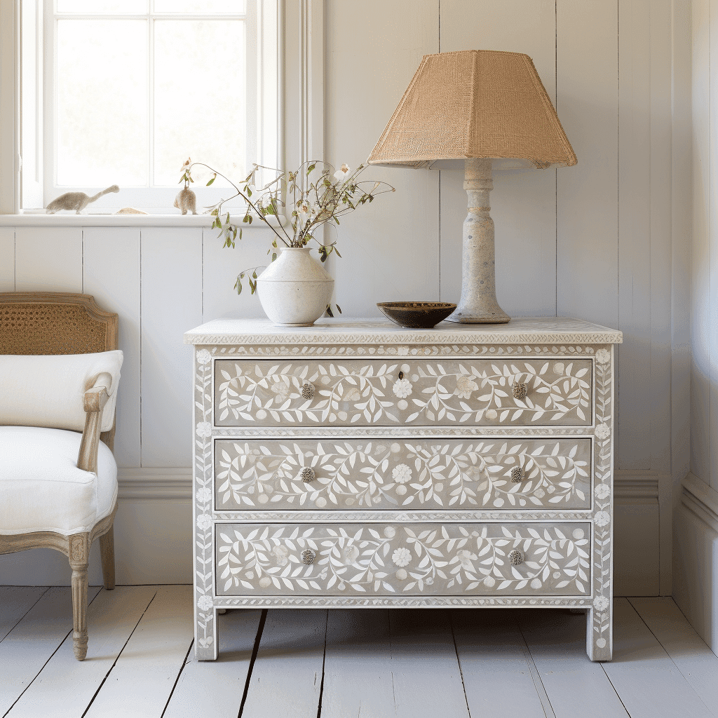 Bone Inlay Chest of Drawers with Floral Pattern